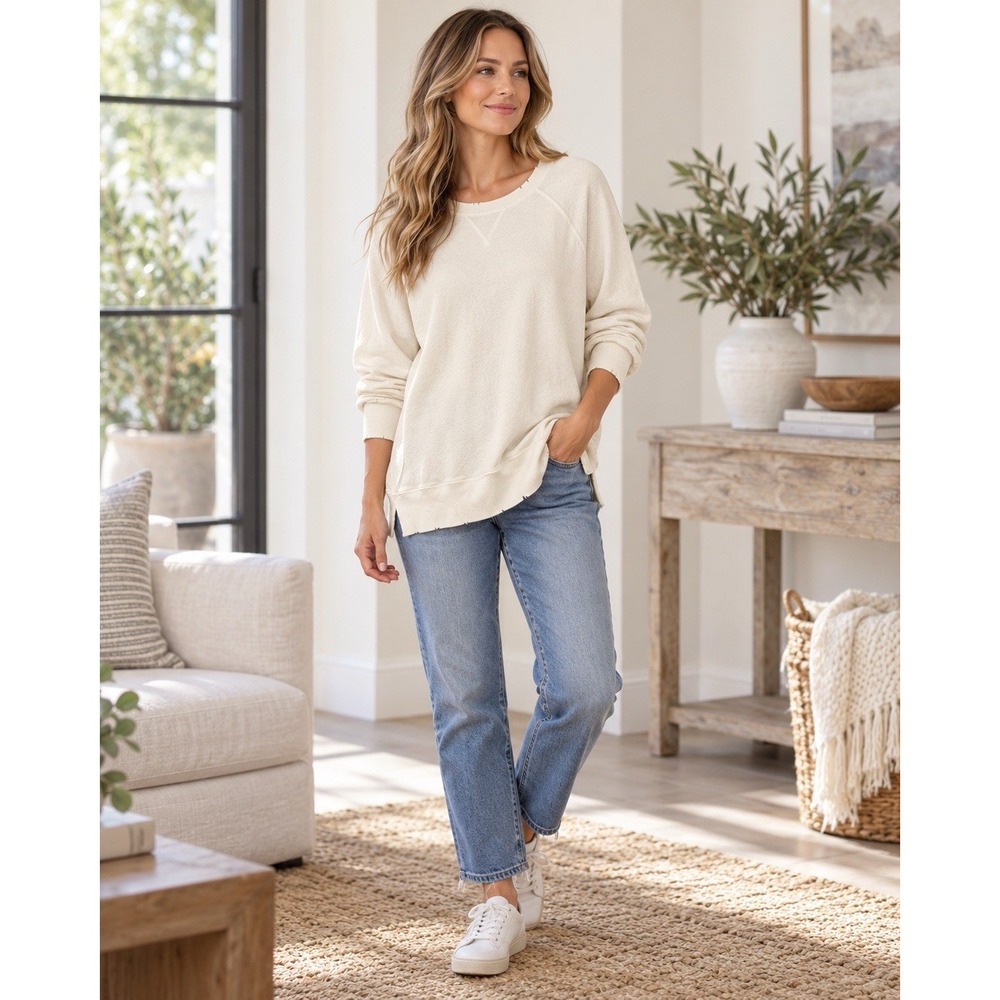 Unsubscribed Women M Ivory Cotton French Terry Sweatshirt Raglan Notched Hem USA